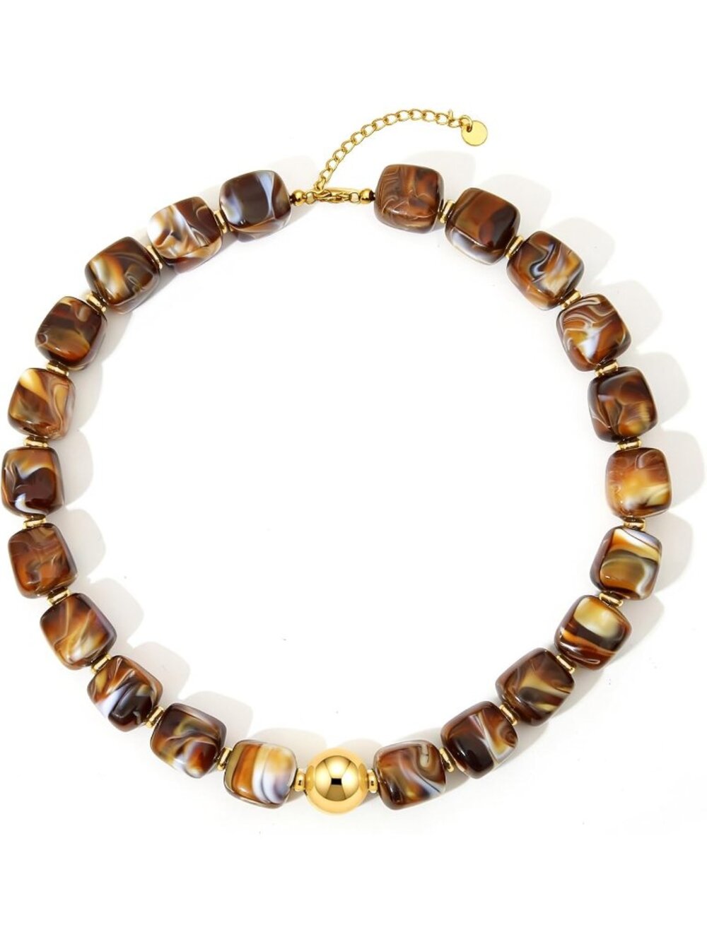 Women Dark Brown Chunky Beaded Necklace Gold Plated Marbled Resin Choker Jewelry